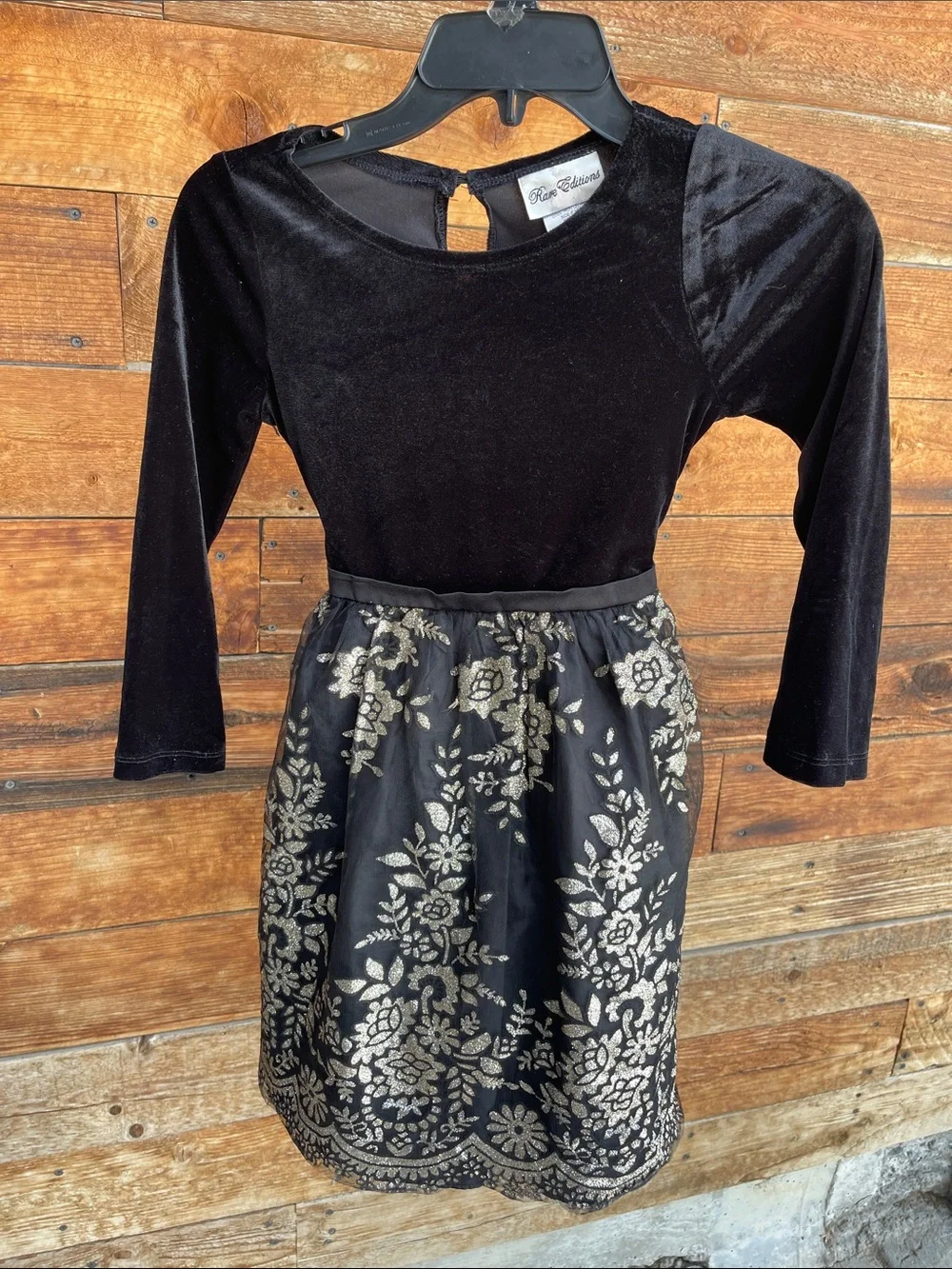 Rare Editions Girls Size 7 Black Velvet Gold Floral Tulle Holiday Party Dress